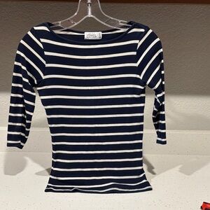Zara Navy and White Striped 3/4 Sleeve Top